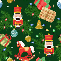 Christmas seamless pattern featuring nutcrackers and new year's toys. Perfect for kids' clothing and home decor, as well as wrapping paper.