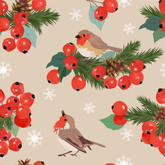 A beautiful and seamless vector illustration of a red wild apple branch, a spruce branch, and birds. This design could be used as a template for textile or packaging.