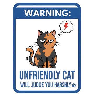 Funny illustration of grumpy cat with text, Warning Unfriendly cat  will judge you harshly, pet , petcare