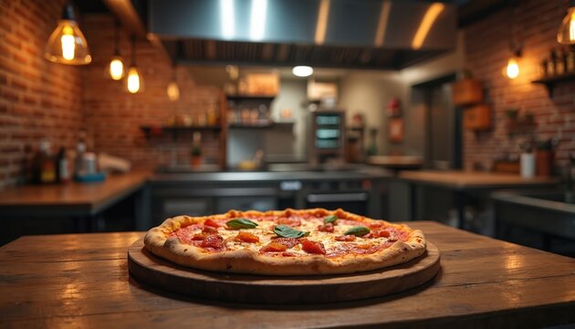Freshly baked pizza sits on a wooden table in a cozy pizzeria kitchen. Warm lights illuminate the brick walls and food prep area. Delicious Italian meal ready for takeaway or dine-in service.