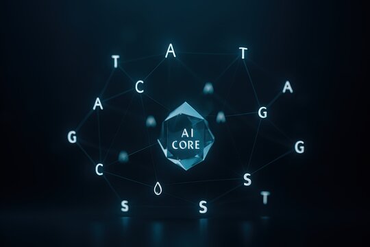 Futuristic AI core concept with glowing DNA nucleotides for technology innovation and scientific research, symbolizing intelligence, digital advancement, and genetic engineering