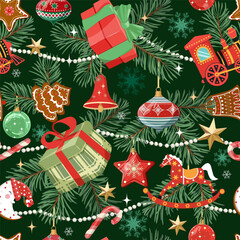 Christmas seamless pattern featuring gifts and new year's toys. Perfect for kids' clothing and home decor, as well as wrapping paper.