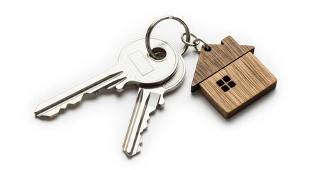 A pair of silver keys with a small wooden house keychain isolated on white background