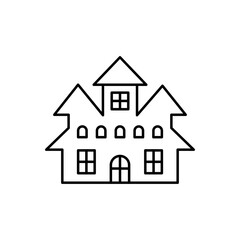Minimalist line art icon depicting a classic multi-story haunted mansion, featuring pointed gables and numerous windows, ideal for Halloween themes, architectural graphics, or fantasy illustrations