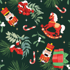 Christmas seamless pattern featuring nutcrackers and new year's toys. Perfect for kids' clothing and home decor, as well as wrapping paper.