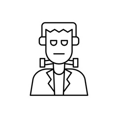 Bold line art icon of a classic reanimated monster character with prominent neck bolts and stitched forehead, perfect for eerie holiday graphics and spooky season themes
