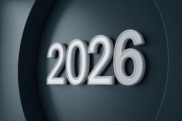 Premium minimalist 2026 card with floating porcelain white 3d numerals soft reflections and smooth charcoal gradient backdrop