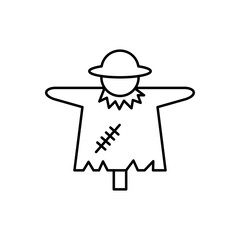 A simple line illustration of a classic scarecrow wearing a hat, designed for agricultural themes and autumn harvest concepts. This icon represents farming, protection, and seasonal decor