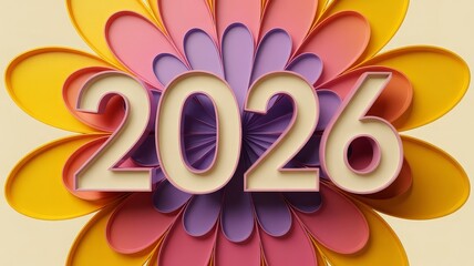 2026 new year with 3d numbers groovy petal sunburst magenta yellow gradient and off white backdrop