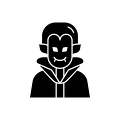 Stylized black silhouette icon depicting a classic vampire character with prominent fangs and a high collar, perfect for Halloween themes, spooky designs, or folklore illustrations