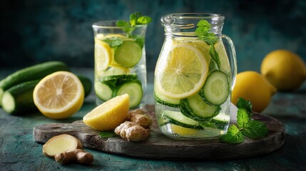 Refreshing cucumber and lemon infused water with fresh ingredients on table.