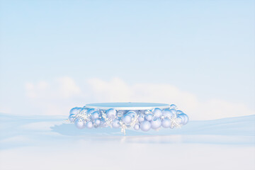 Winter Chrismas background with a podium for product display. 3d rendering