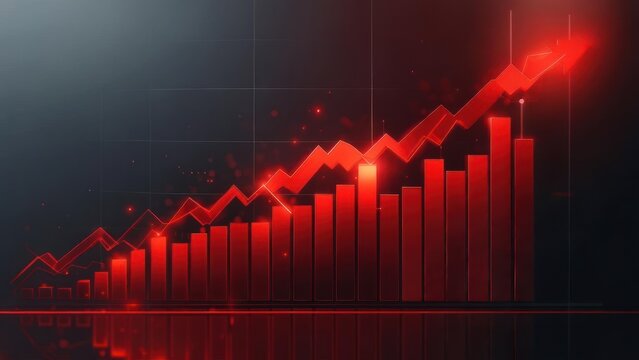 A rising red graph with bars and a transparent arrow depicting upward financial growth