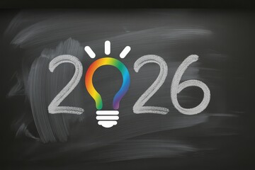 2026 chalkboard card with chalk numerals, a rainbow light-bulb spark, idea dots, and a mottled grey backdrop