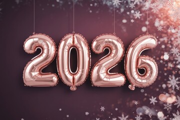 Whimsical 2026 new year card with rose gold balloon pink snowflakes deep plum backdrop and luxurious style