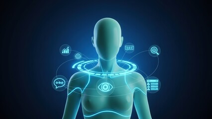 A abstract humanoid figure with glowing icons in digital ring showing smart system for technical support and customer service