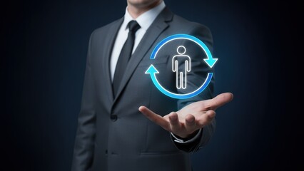 A businessman presenting glowing renewal icon symbolizing connection in technical support and customer service