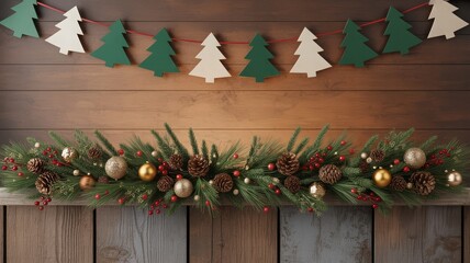Rustic christmas garland with pinecones red berries tree bunting on warm wood festive backdrop