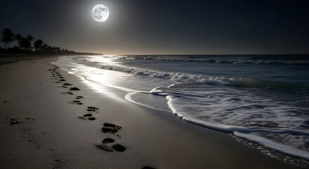 A moonlit beach scene with gentle waves, palm trees, and footprints in the sand. The full moon casts a silver glow, creating a tranquil, romantic, and dreamy atmosphere by the ocean at night.