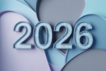 Serene 2026 new year card with frosted silver numbers ice blue lavender tones and soft winter gradients