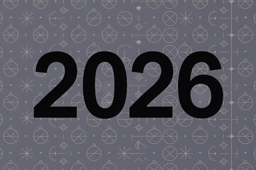 Sleek 2026 new year card with bold black numbers silver gold ornament grid and shimmering minimalist design