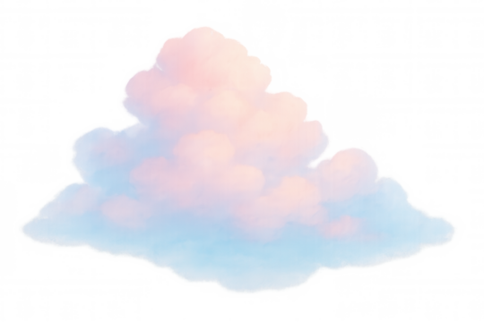 Fluffy cartoon cloud showing soft pastel pink and blue colors with transparent background, dreamlike weather element