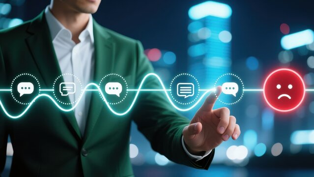 A businessman reaching toward a glowing timeline with chat icons symbolizing feedback and technical support and customer service