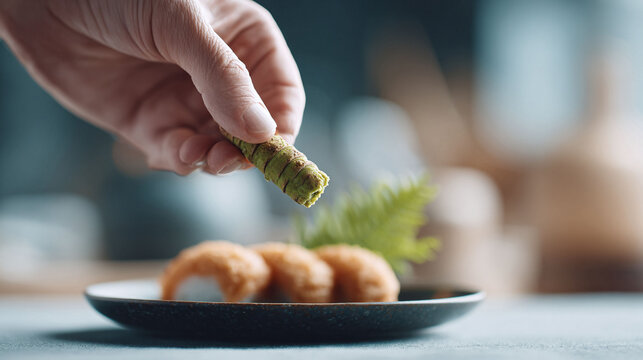 Elegant food presentation. A hand delicately presents a textured, green treat above sushi rolls. Use for culinary, lifestyle, or healthy eating concepts.