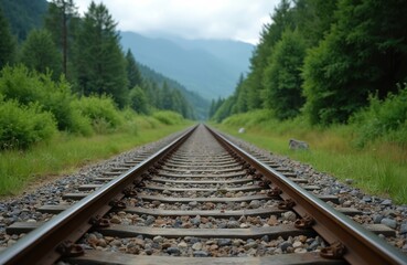 Obraz premium Railway tracks lead to mountains. Train tracks surrounded by trees and rocks on countryside landscape. Railroad vanishes into distance on scenic rural view.