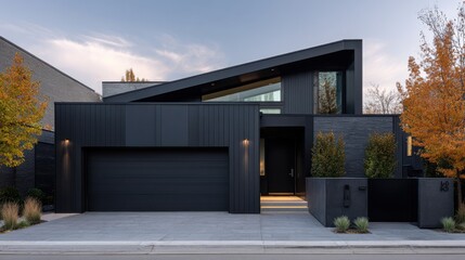 Modern house exterior with dark facade and garage in a suburban setting.
