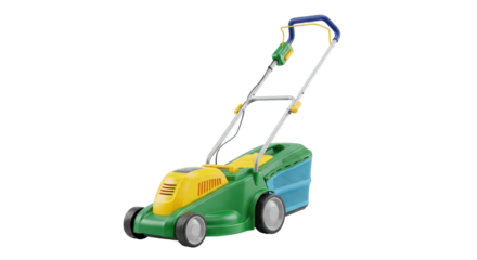 Isolated electric lawn mower with grass catcher for home gardening, green and yellow colors