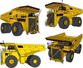 Massive Yellow Mining Dump Truck with Extra Large Heavy Duty Tires and Open Box Bed for Industrial Quarry, Earthmoving, and Construction Equipment Isolated on White Background  © nur