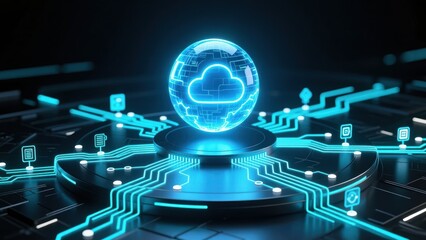 A glowing digital sphere with circuit lines and neon nodes, symbolizing cloud computing and data flow, technical support and customer service