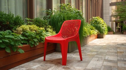 Obraz premium A vibrant red plastic chair sits amidst lush greenery in an outdoor setting.