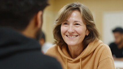 A mature woman with a radiant smile engages in a conversation, fostering connection and positivity. Perfect for illustrating mentorship, learning, or friendly interaction.