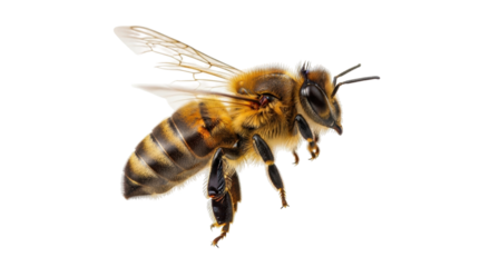 Isolated Honeybee in Flight Close-Up Showing the Wings and Stripes of a Beautiful Insect