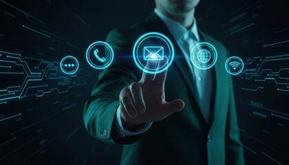 A businessman touching a holographic icons in arc, symbolizing connectivity, help center, technical support and customer service