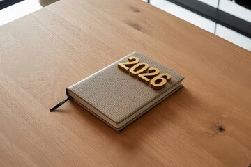 A closed planner or notebook with the year 2026 embossed on its cover sits on a wooden table.