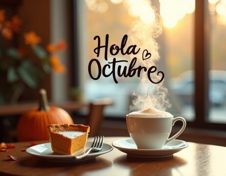 una taza de cafe humeante , acompanada de una generosa porcion de tarta de calabaza. hola octubre