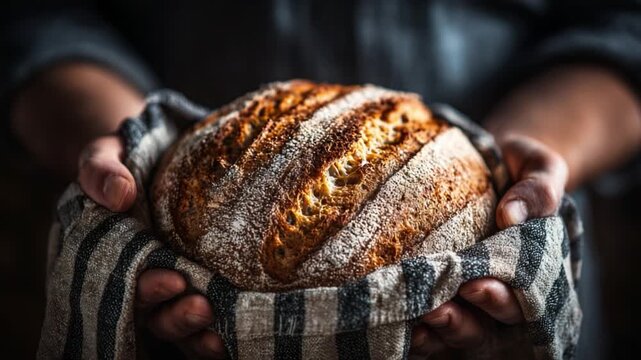 Freshly Baked Artisan Bread: A Hands-On Experience of Holding Golden Crusty Loaf Wrapped in a Cozy Towel, Exuding Warmth and Comfort for Every Bread Lover.