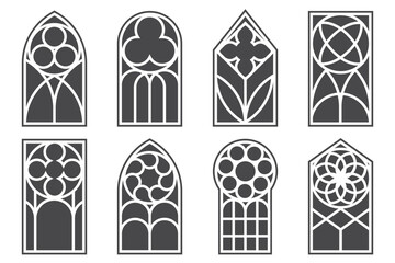 Gothic church window frames. Cathedral architecture elements. Medieval castle vintage stained glass arches. Catholic interior decoration on white background. Door shapes with pattern. Vector