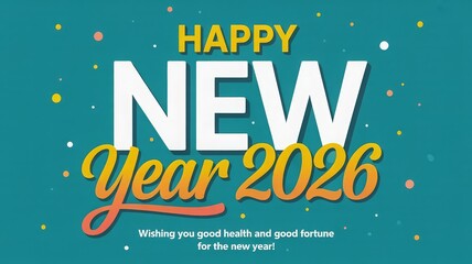 Happy New Year 2026 greeting with confetti and a festive teal background, wishing good health and fortune.