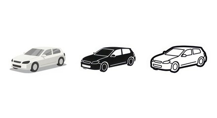 Three diverse car representations realistic white solid black and outlined sketch for automotive design concepts