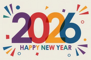 Colorful "Happy New Year 2026" text with confetti and streamers, celebrating the upcoming year.