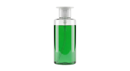 Isolated transparent bottle of green liquid cosmetic skin-care product or sanitizer solution