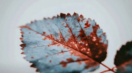 Macro photo of a dry autumn leaf with unique blue and red tones on a white background. Creative contrast, detailed texture, and vibrant colors perfect for abstract nature, seasonal and design concepts