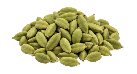 Isolated heap of aromatic green cardamom pods spices, cooking ingredient for Indian cuisine