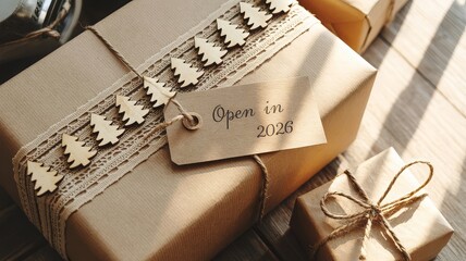 A beautifully wrapped gift box with a tag that says 'Open in 2026' and small wooden Christmas tree decorations.