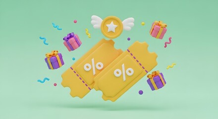 Obraz premium Exclusive discount coupon and customer loyalty program rewards. Special offer promotion and prize giveaway. Floating star coin with wings, percentage tickets, and wrapped presents