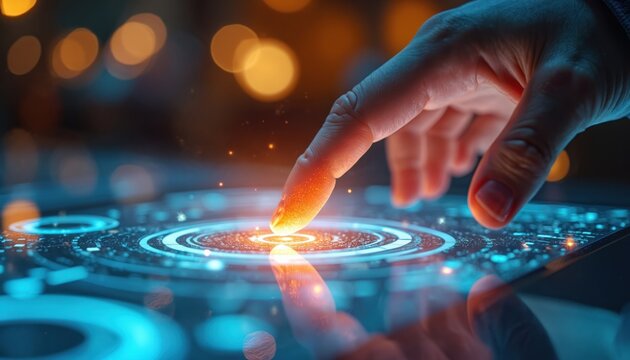 Person finger touch glowing futuristic digital interface screen. Human interacts with advanced tech ui. Modern digital display with data graphics and circuits.